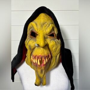 Scary Teeth Halloween Witch Goblin Long Chin Mole Latex Mask Velvet Black Hood